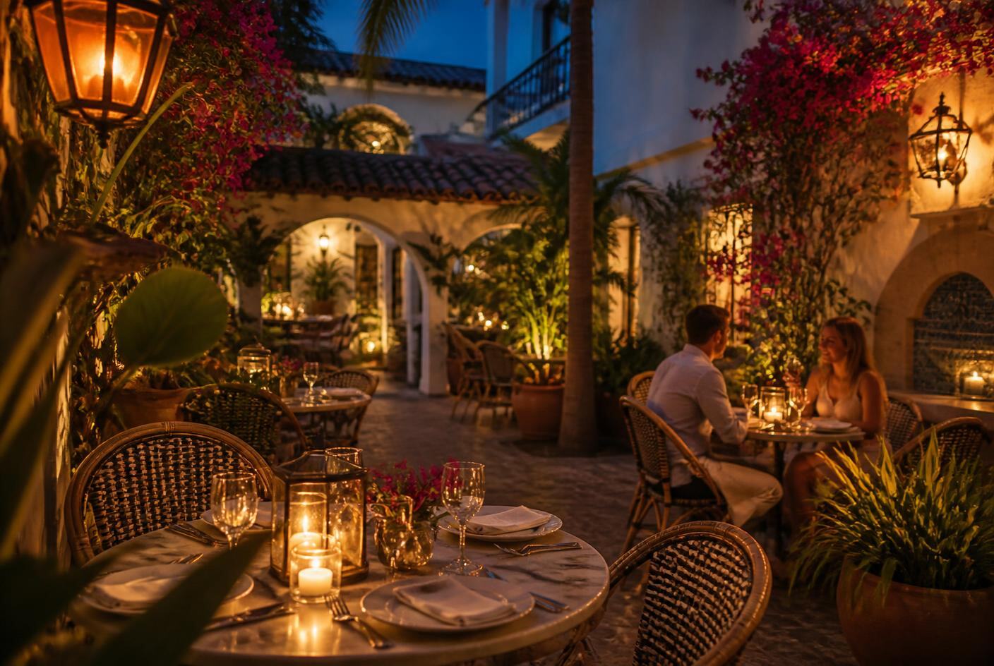 Candlelit courtyard restaurant terrace in Naples at dusk with bougainvillea and lanterns