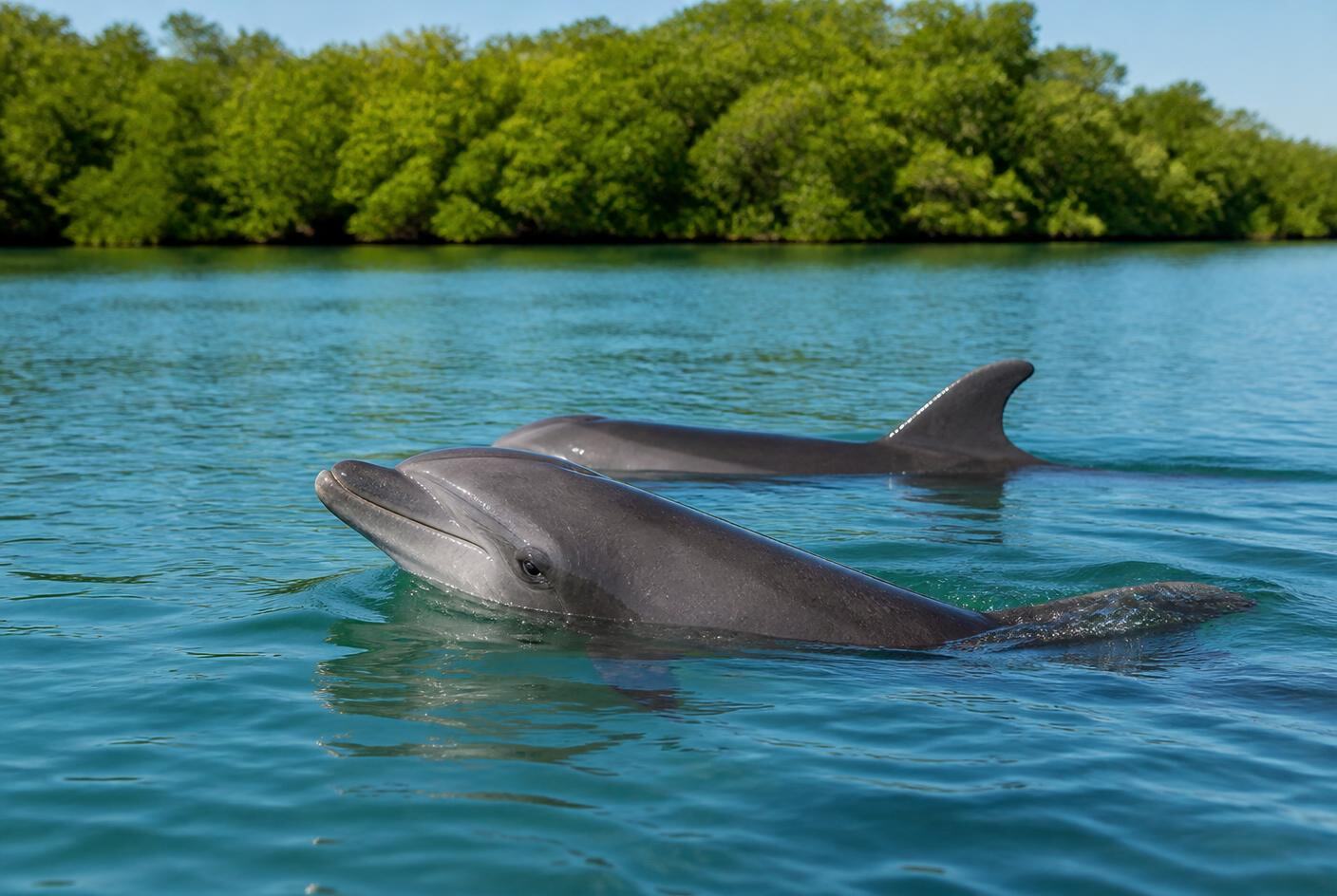 Two bottlenose dolphins surfacing in calm turquoise water near a mangrove shoreline