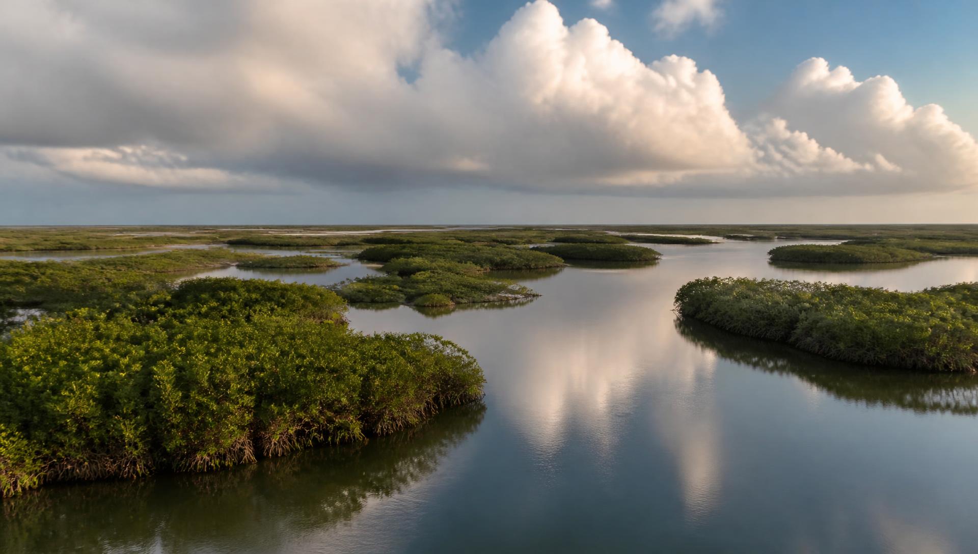 Aerial view of mangrove islands and winding water channels in the Ten Thousand Islands near Naples, Florida