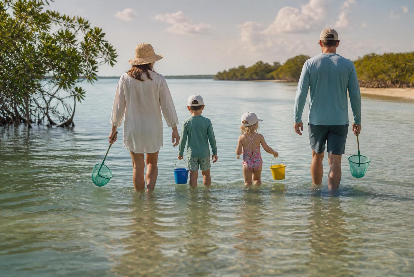 A family with two young children wading in shallow calm Gulf water near mangroves