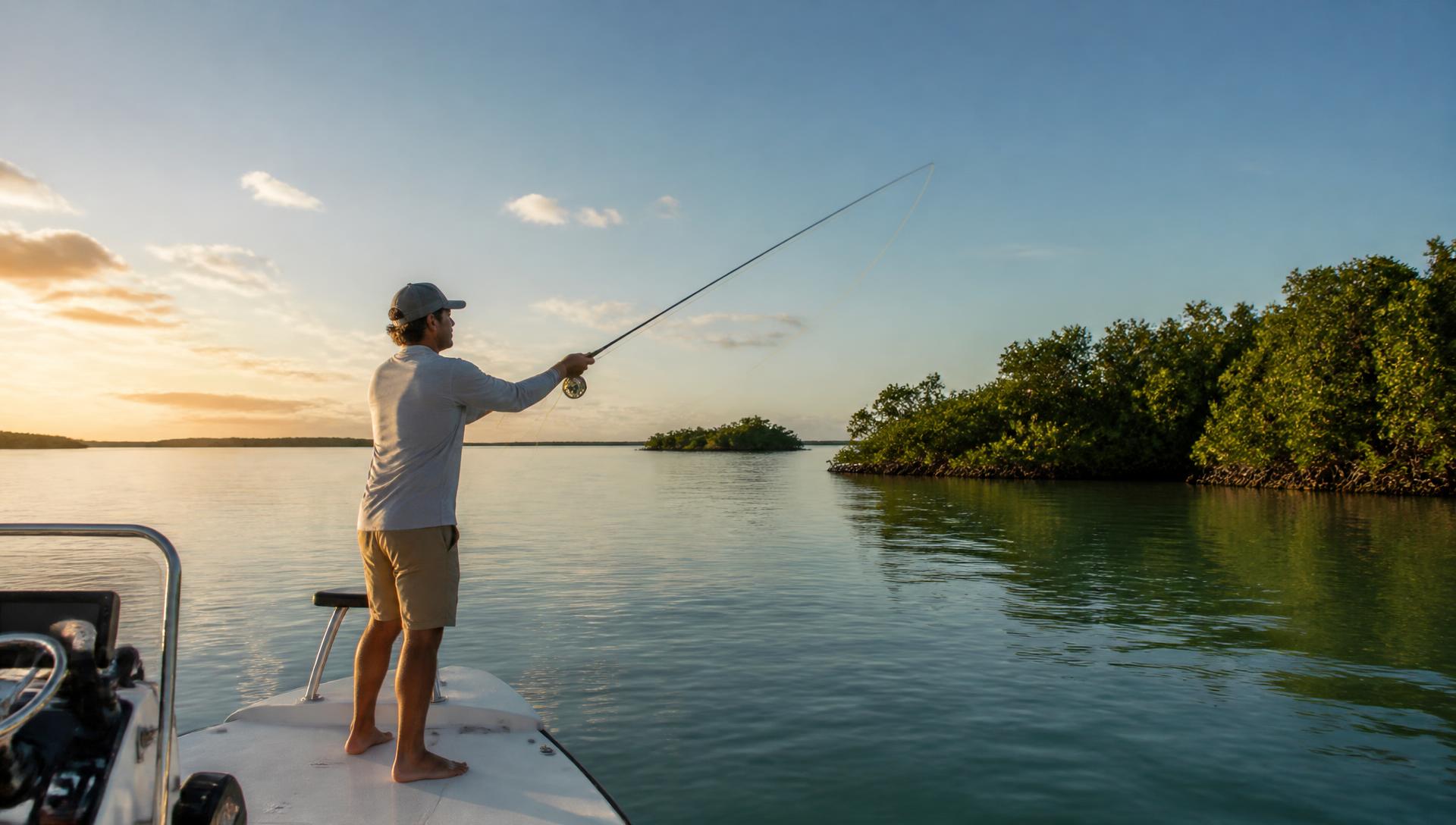 Angler casting from the bow of a small boat on calm backwater flats near mangroves in Southwest Florida