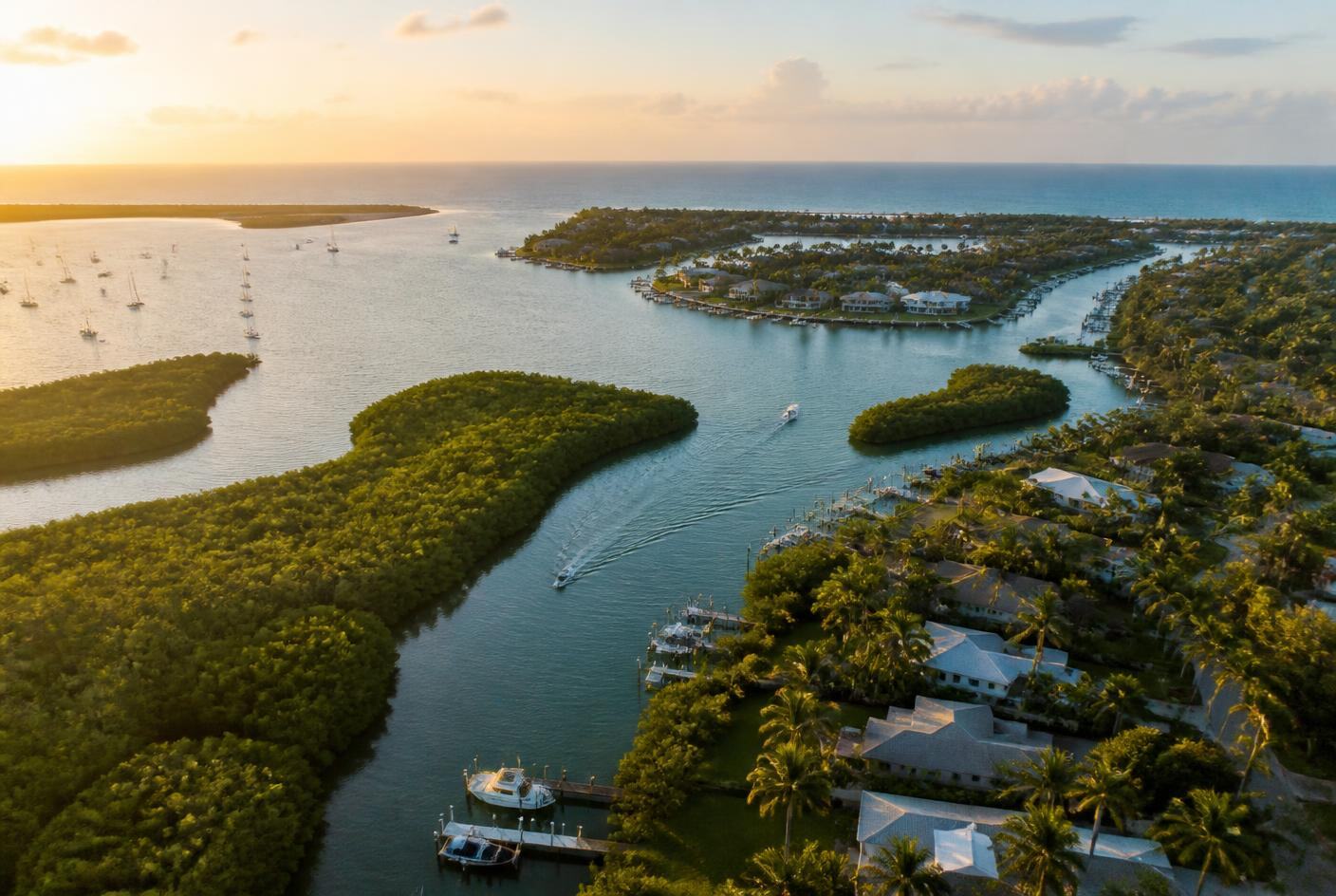 Aerial view of Naples Bay at evening with boats, docks and mangrove channels