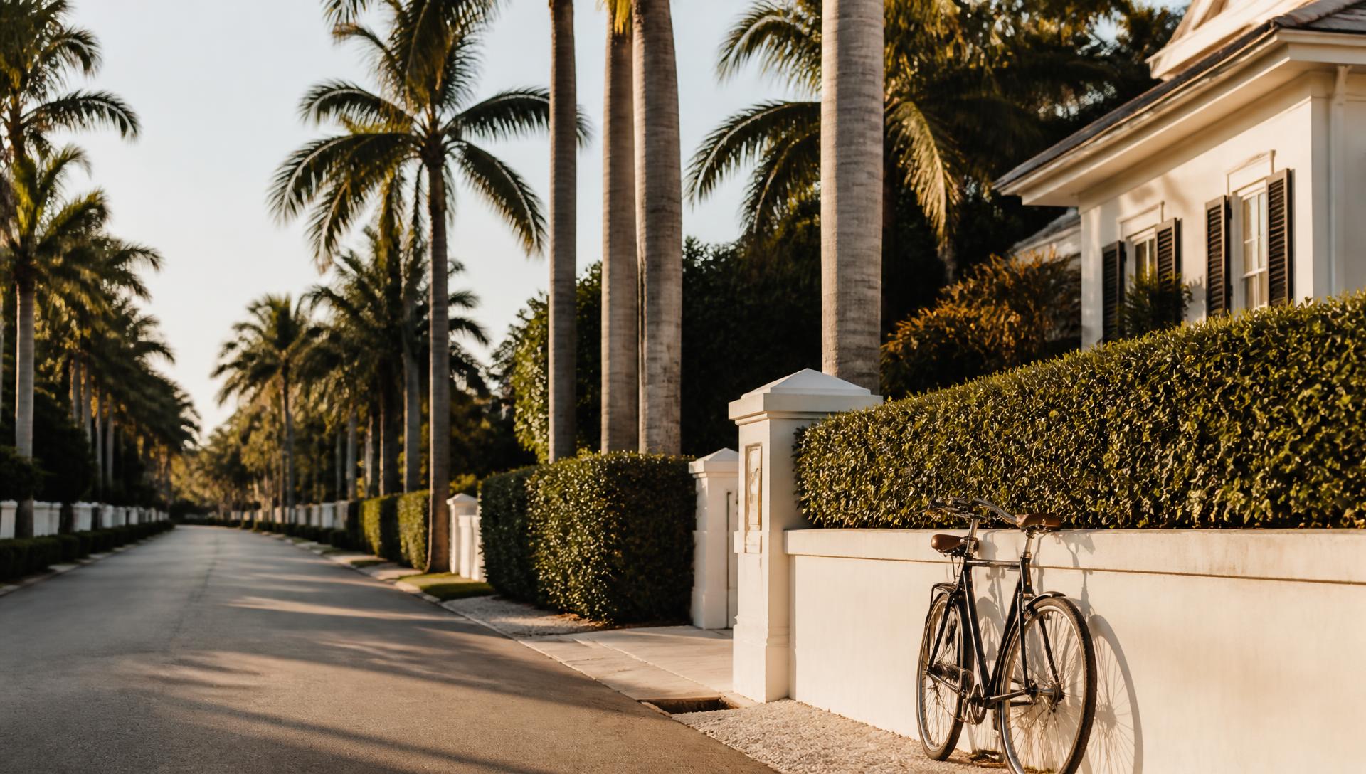 Quiet residential street in Naples, Florida lined with royal palms at golden hour