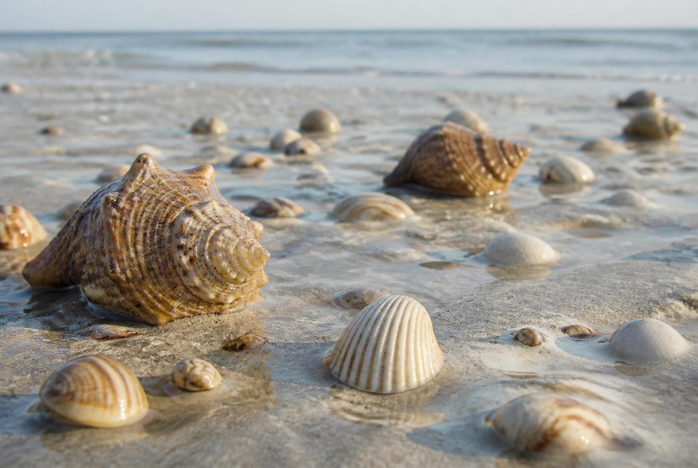 Close view of whelks and cockle shells on wet sand at the water's edge